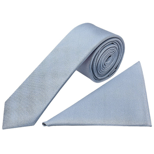 Plain Dusty Blue Silk Skinny Boys Tie And Pocket Square Set 1