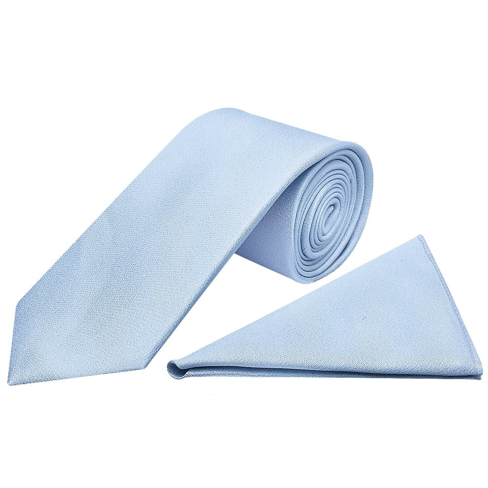 Plain Light Blue Silk Classic Mens Tie And Pocket Square Set 1