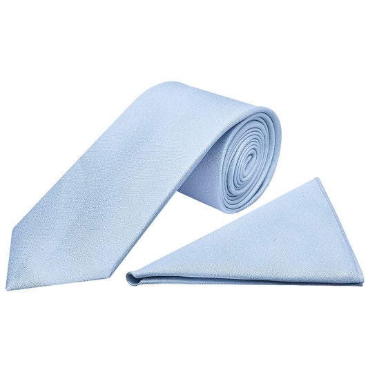 Plain Light Blue Silk Classic Mens Tie And Pocket Square Set 1