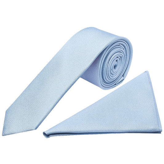 Plain Light Blue Silk Skinny Mens Tie And Pocket Square Set 1