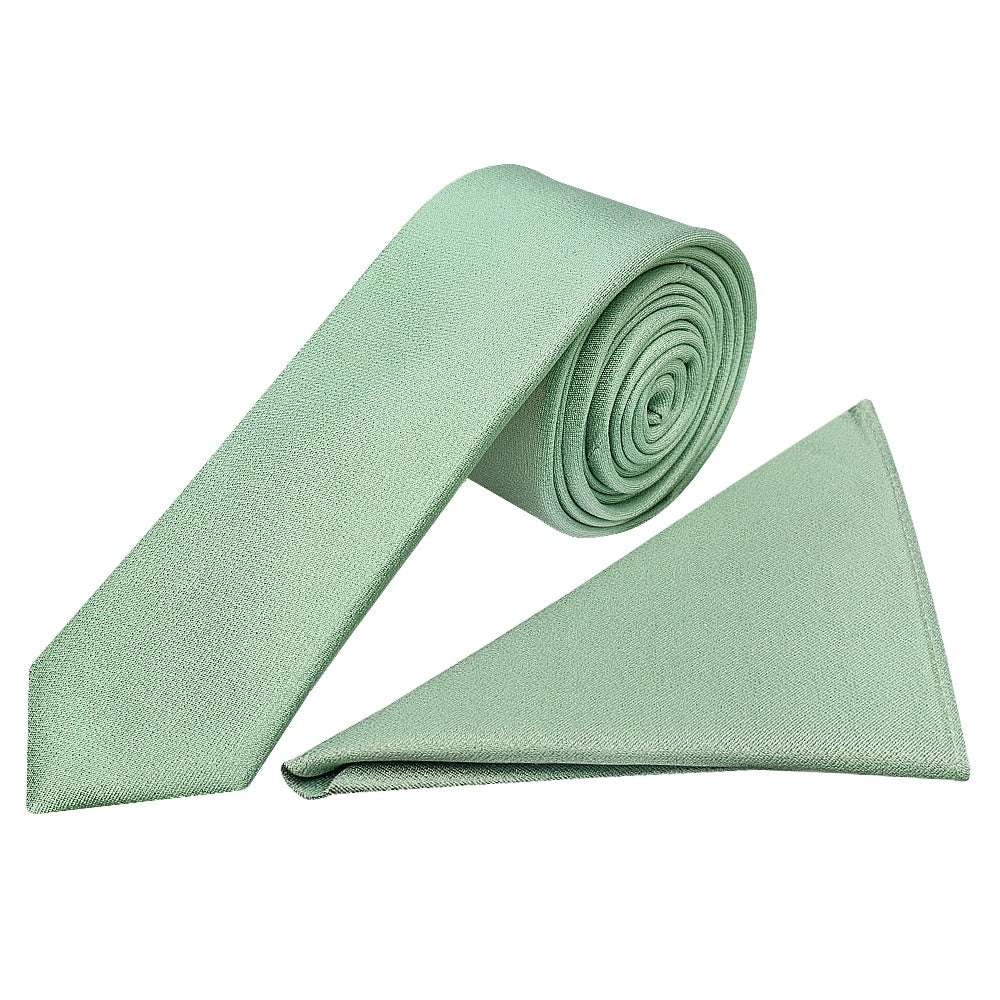 Plain Sea Grass Silk Skinny Mens Tie And Pocket Square Set 1