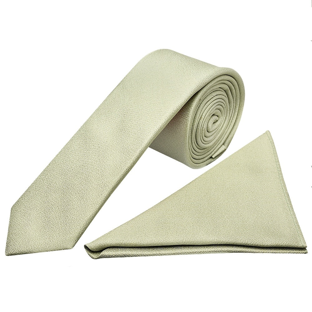 Plain Sage Green Silk Skinny Boys Tie And Pocket Square Set 1
