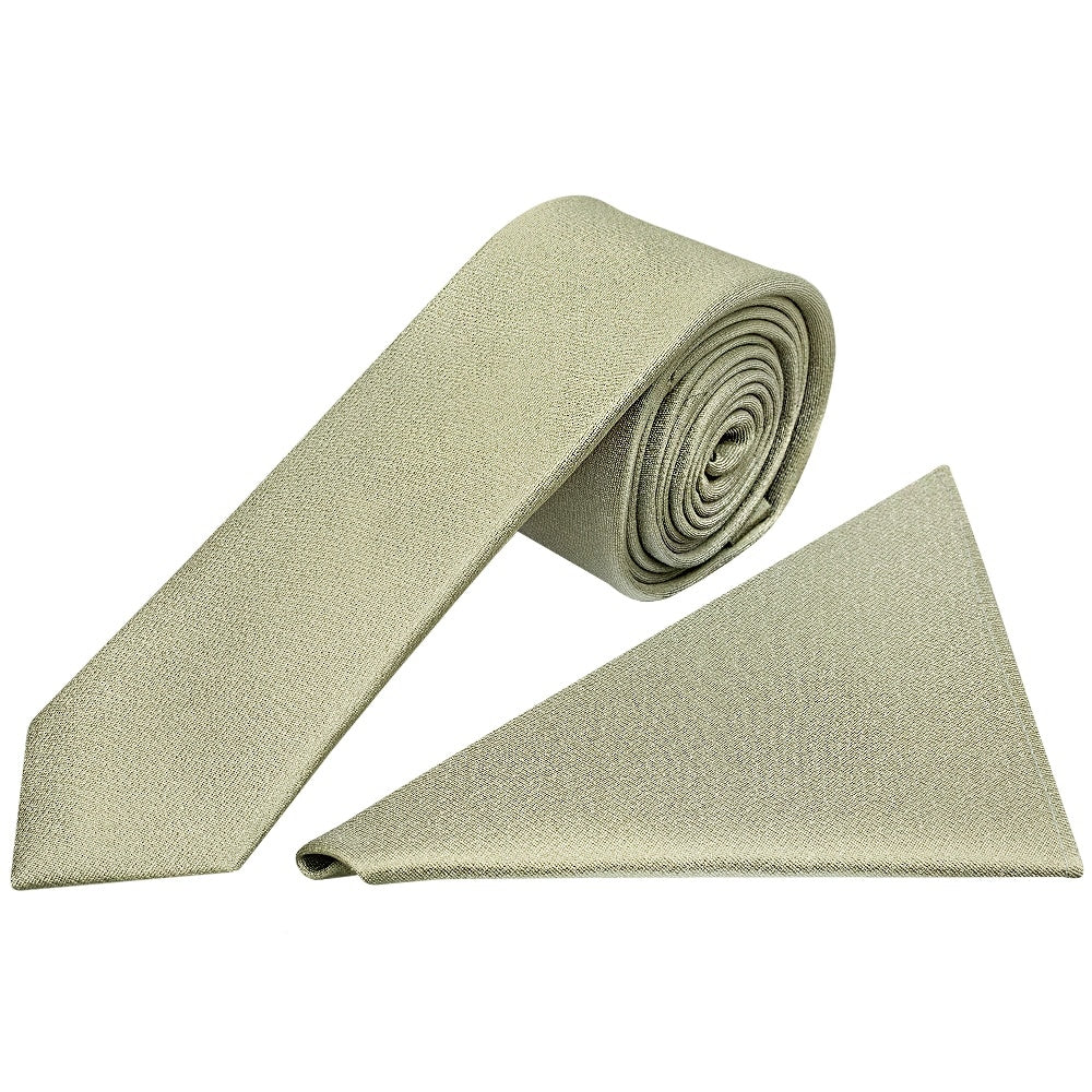 Plain Khaki Green Silk Skinny Boys Tie And Pocket Square Set 1