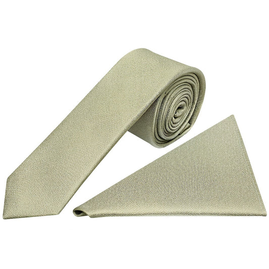 Plain Khaki Green Silk Skinny Boys Tie And Pocket Square Set 1