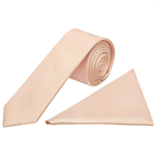 Plain Nude Silk Skinny Mens Tie And Pocket Square Set 1