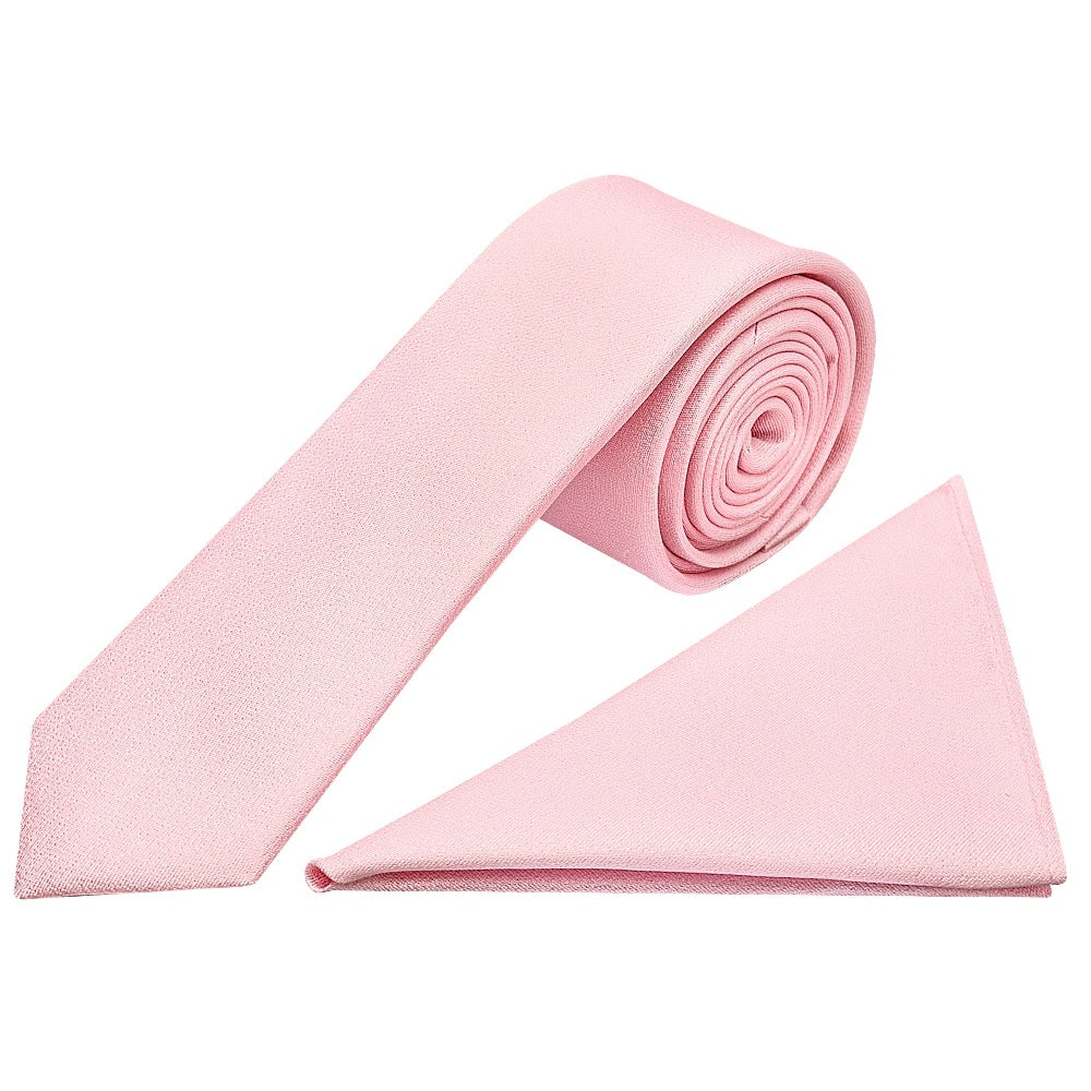 Plain Blush Pink Silk Skinny Boys Tie And Pocket Square Set 1