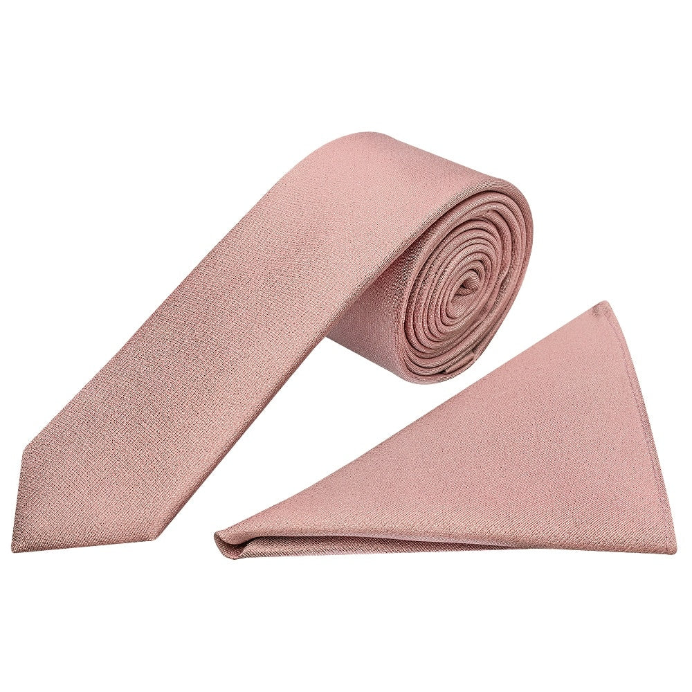 Plain Rose Gold Silk Skinny Boys Tie And Pocket Square Set 1