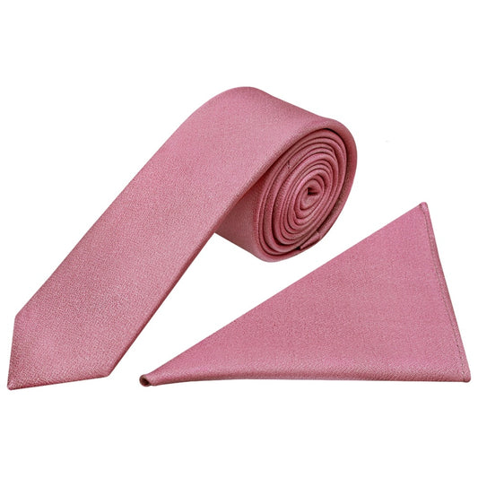 Plain Dusty Pink Silk Skinny Mens Tie And Pocket Square Set 1