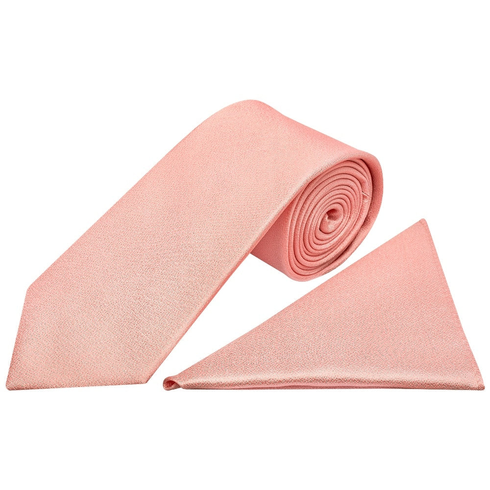 Plain Salmon Peach Silk Classic Mens Tie And Pocket Square Set 1