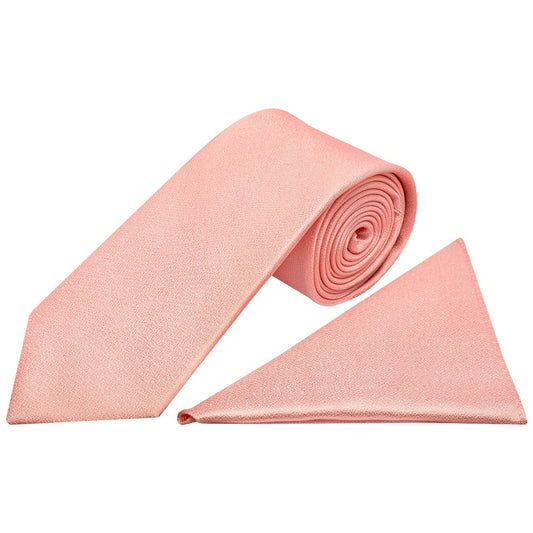 Plain Salmon Peach Silk Classic Mens Tie And Pocket Square Set 1