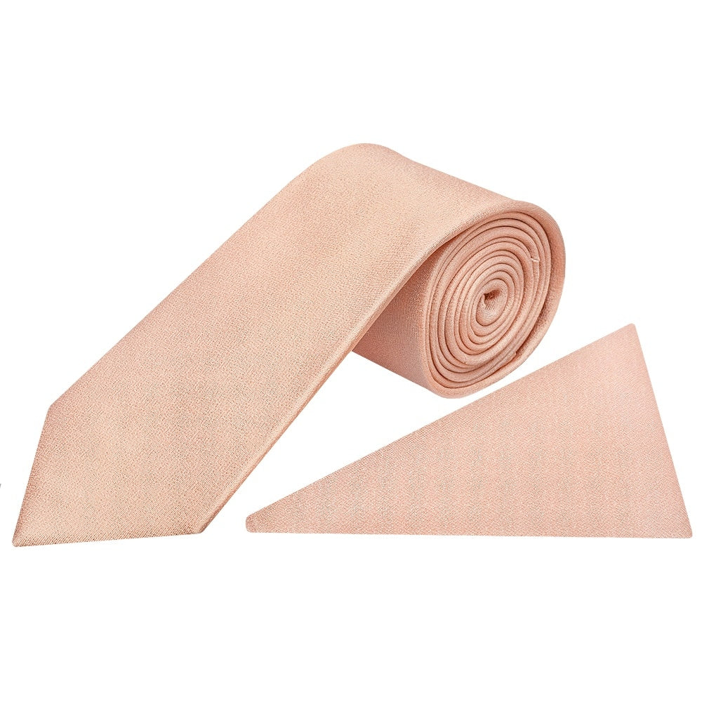 Plain Pale Peach Silk Classic Mens Tie And Pocket Square Set 1