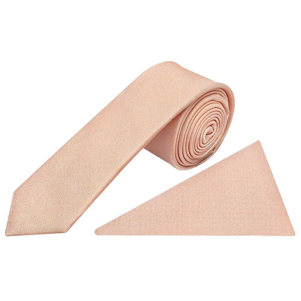 Plain Pale Peach Silk Skinny Mens Tie And Pocket Square Set 1