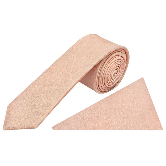 Plain Pale Peach Silk Skinny Boys Tie And Pocket Square Set 1