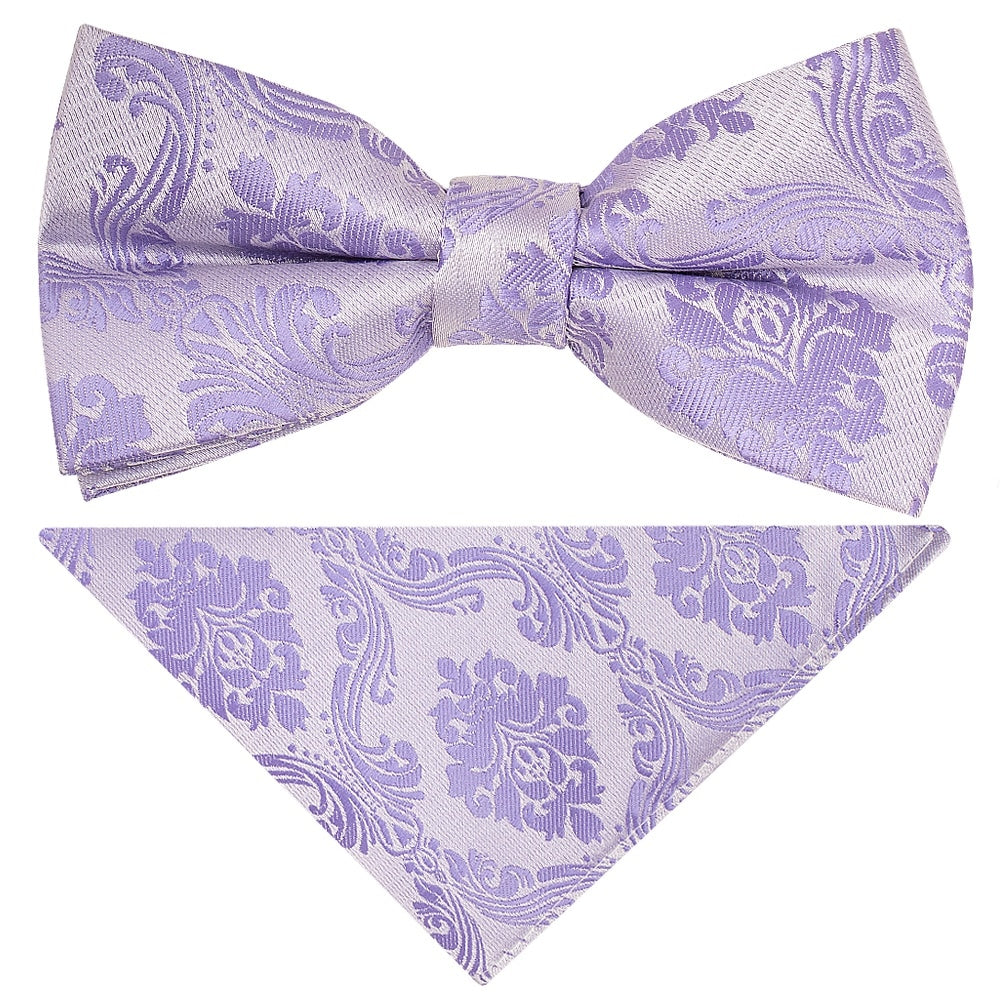 Pre Tied Lilac Paisley Boys Bow Tie And Pocket Square Set 1