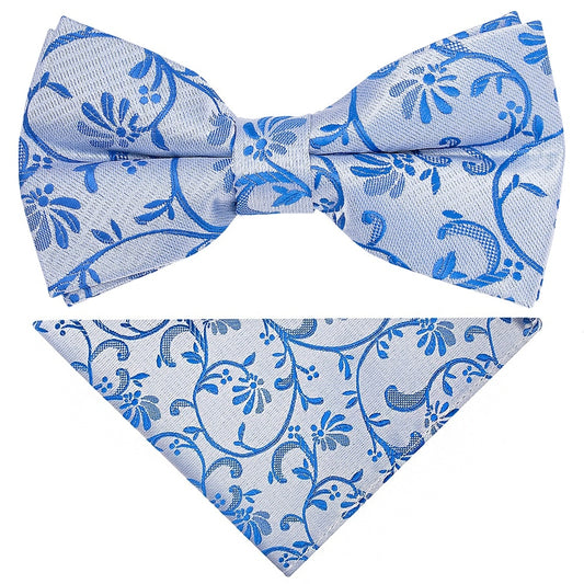 Pre Tied Royal Blue Floral Boys Bow Tie And Pocket Square Set 1