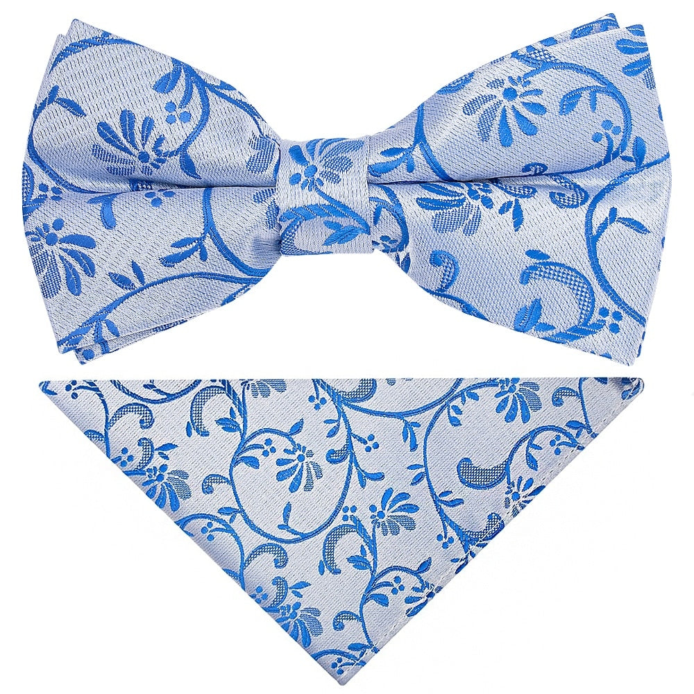 Pre Tied Royal Blue Floral Boys Bow Tie And Pocket Square Set Age 4 7 1