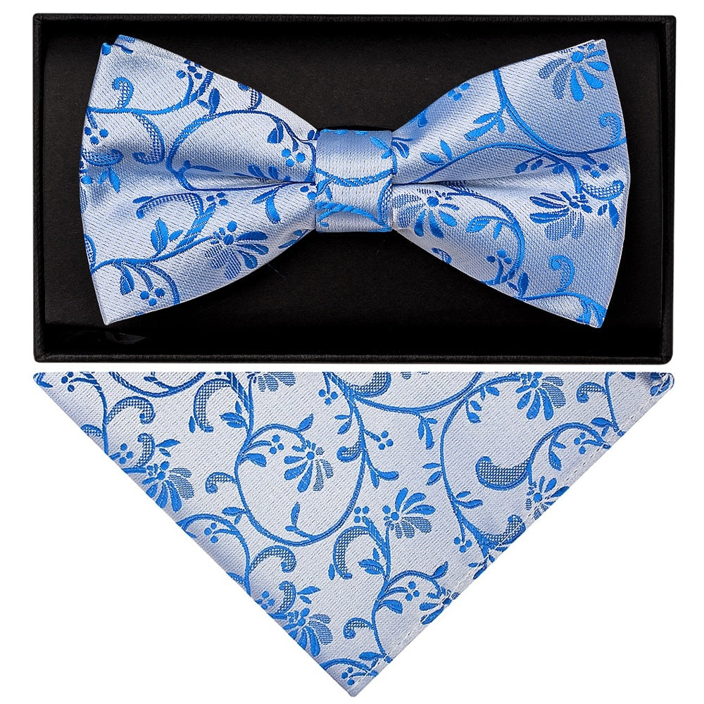 Royal Blue Floral Handmade Mens Bow Tie And Pocket Square Set 1
