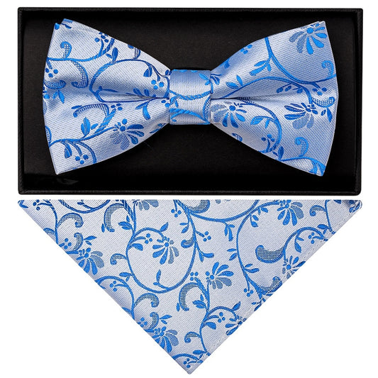 Royal Blue Floral Handmade Mens Bow Tie And Pocket Square Set 1
