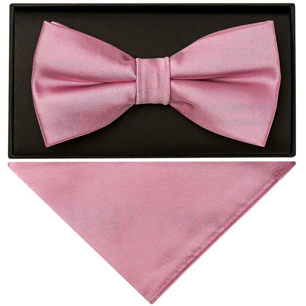 Plain Dusty Pink Hand Made Mens Bow Tie And Pocket Square Set 1