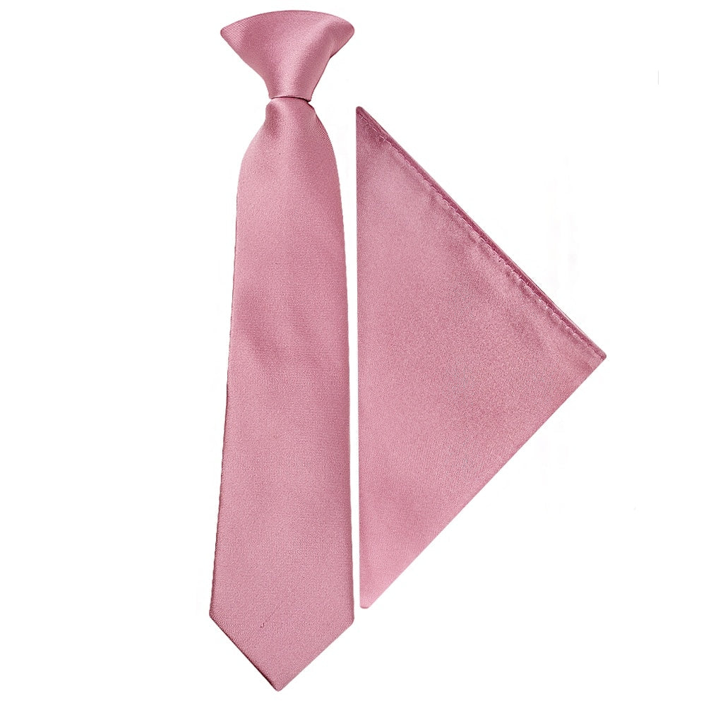 Pre Tied Dusty Pink Satin Boys Tie and Pocket Square Set Age 4-7