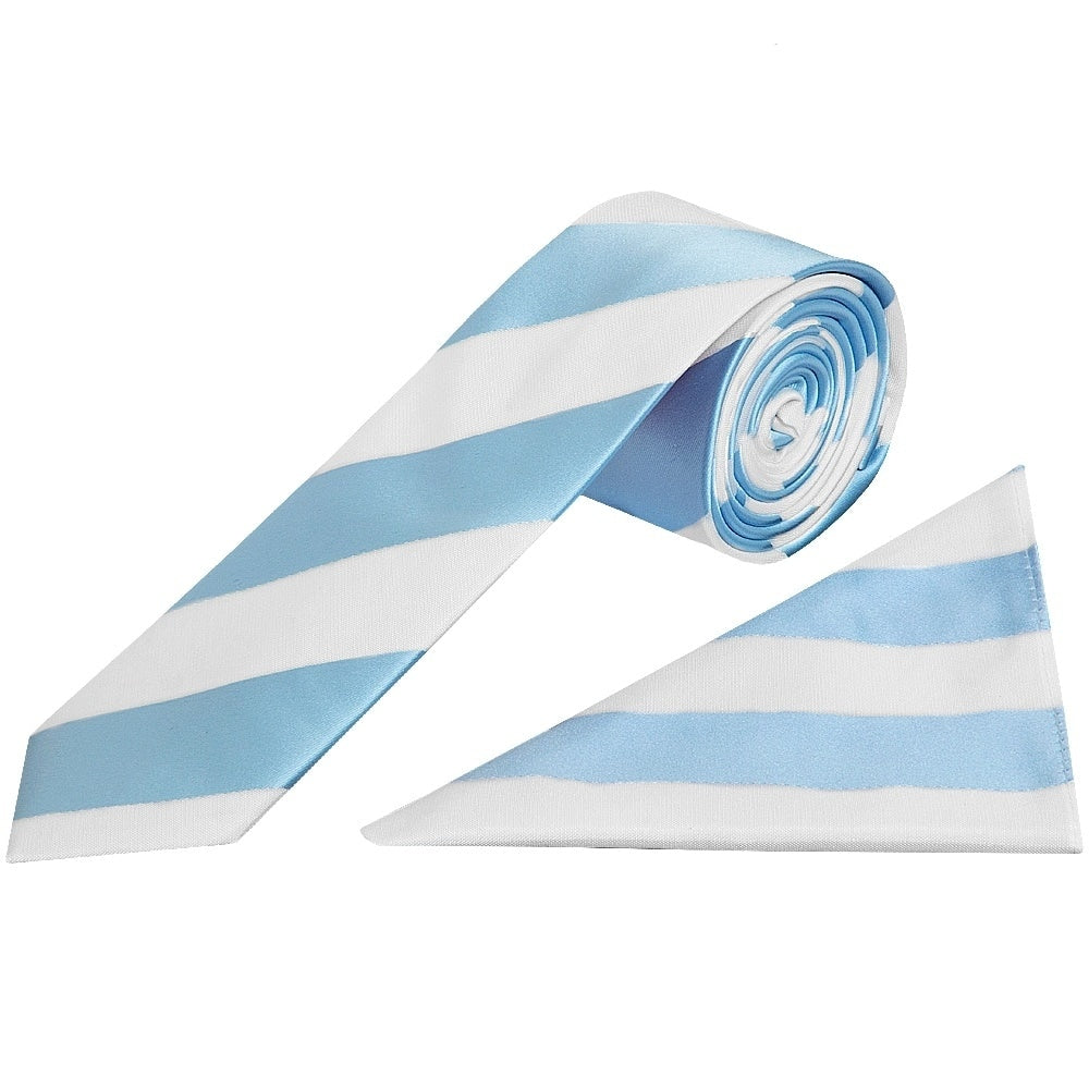 Sky Blue And White Striped Skinny Boys Tie And Pocket Square Set 1