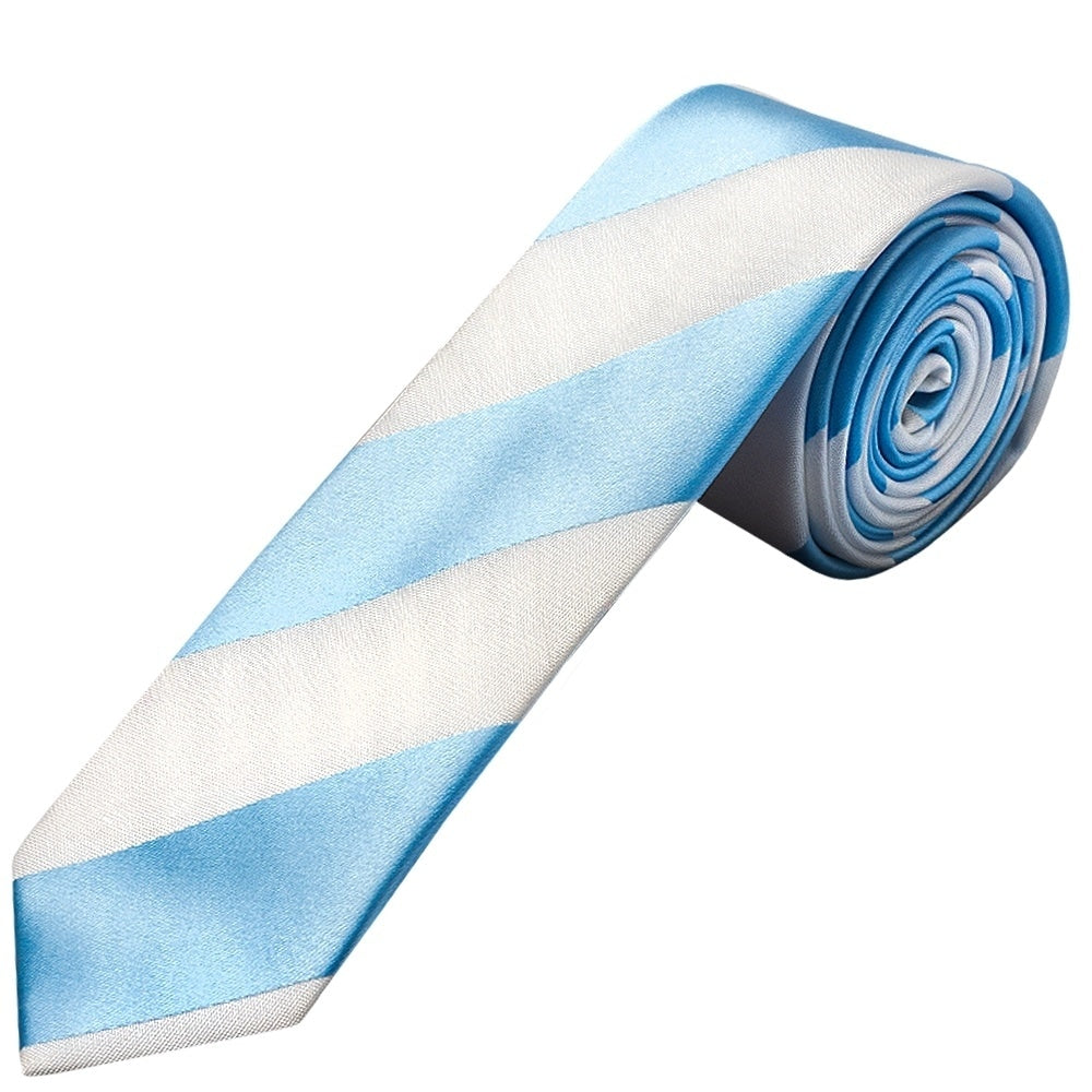 Sky Blue And White Striped Skinny Boys Tie And Pocket Square Set 2