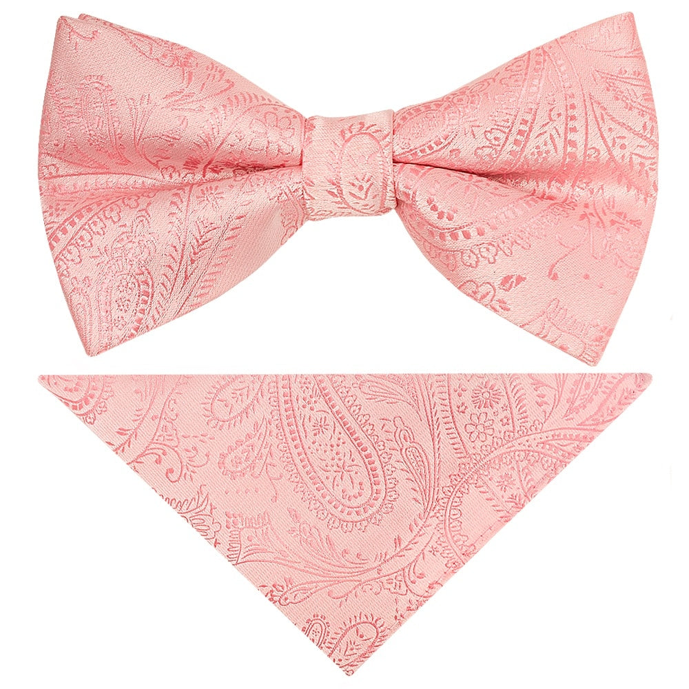 Pre Tied Light Pink Paisley Boys Bow Tie And Pocket Square Set 1