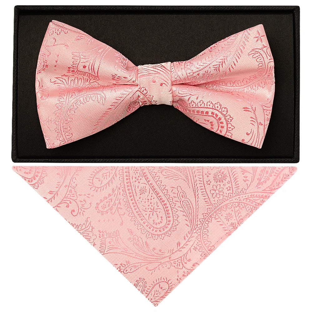 Light Pink Paisley Handmade Mens Bow Tie And Pocket Square Set 1