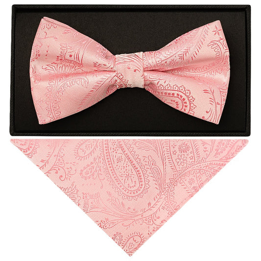 Light Pink Paisley Handmade Mens Bow Tie And Pocket Square Set 1