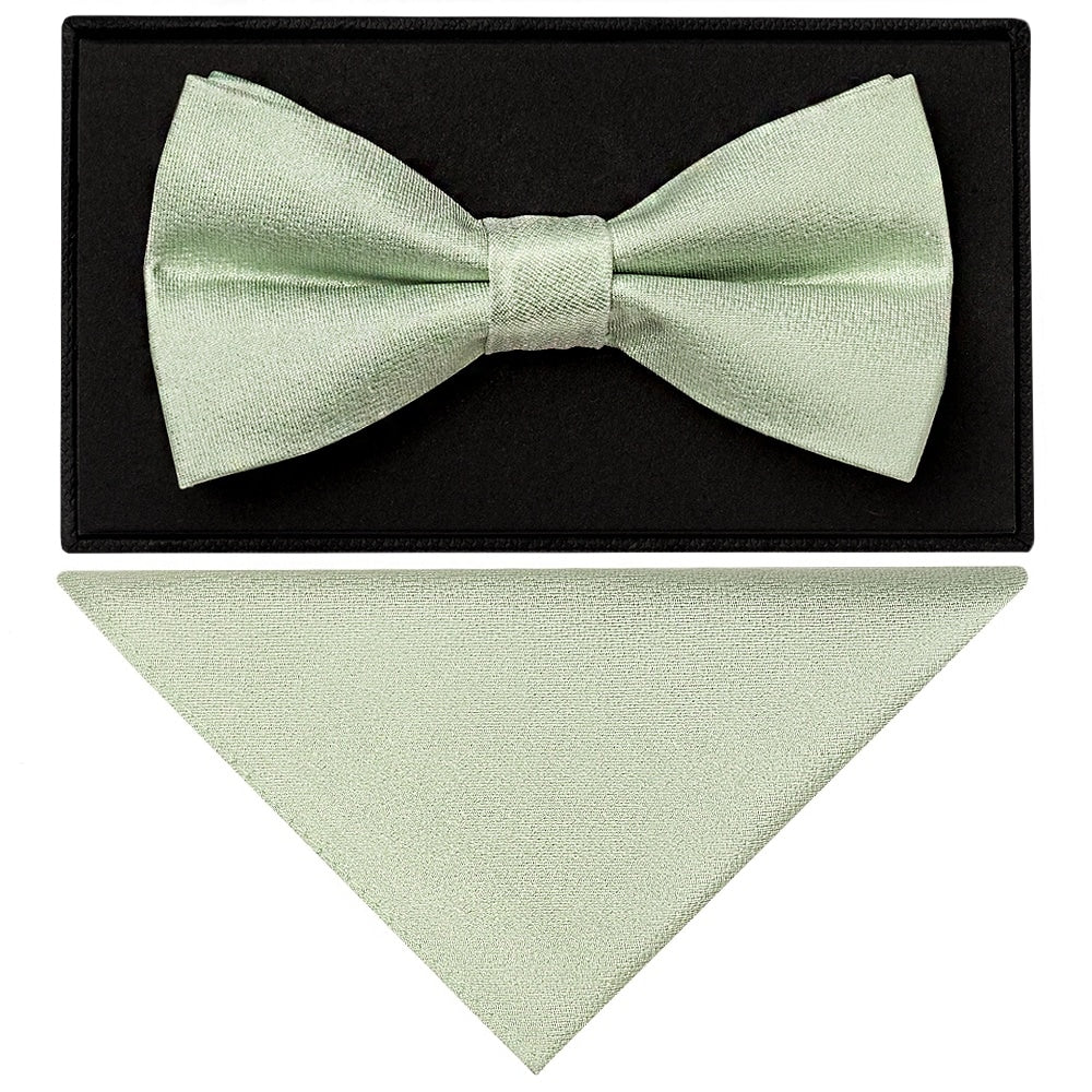 Plain Light Sage Green Silk Mens Bow Tie And Pocket Square Set 1