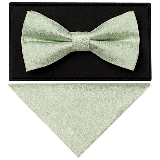 Plain Light Sage Green Silk Mens Bow Tie And Pocket Square Set 1