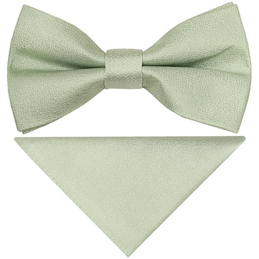 Pre Tied Light Sage Green Silk Boys Bow Tie And Pocket Square Set Age 8 11 1