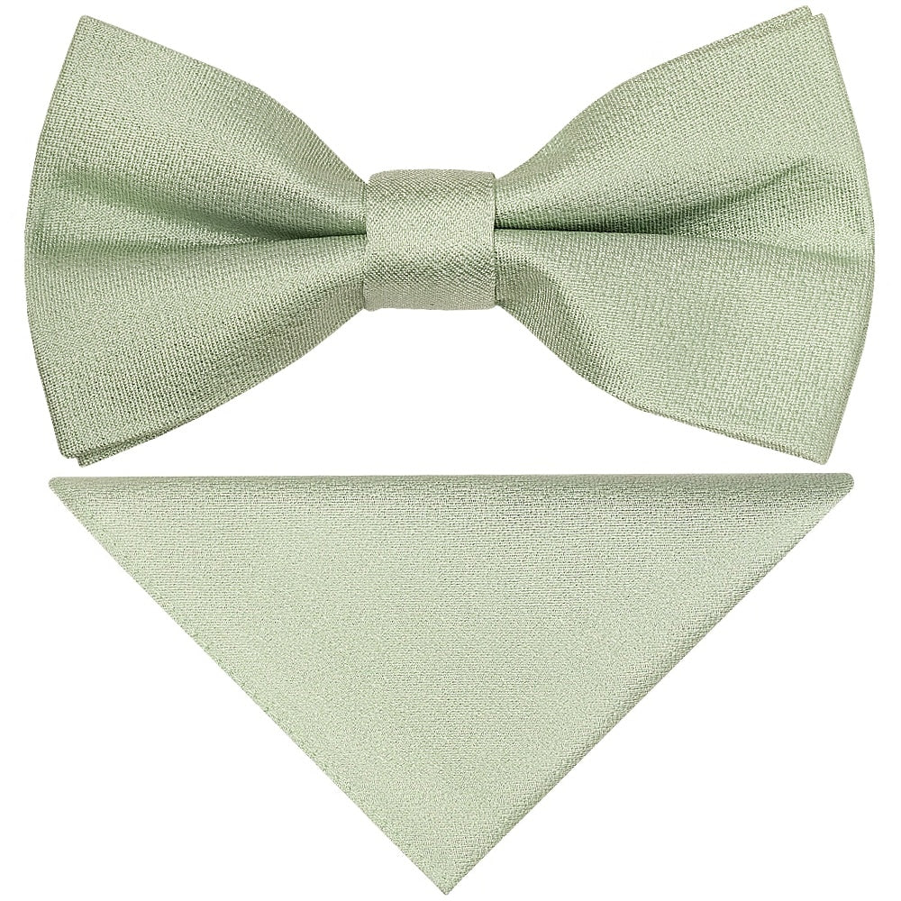 Pre Tied Light Sage Green Silk Boys Bow Tie And Pocket Square Set Age 4 7 1