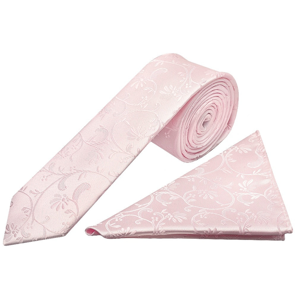Blush Pink Floral Skinny Mens Tie And Pocket Square Set 1