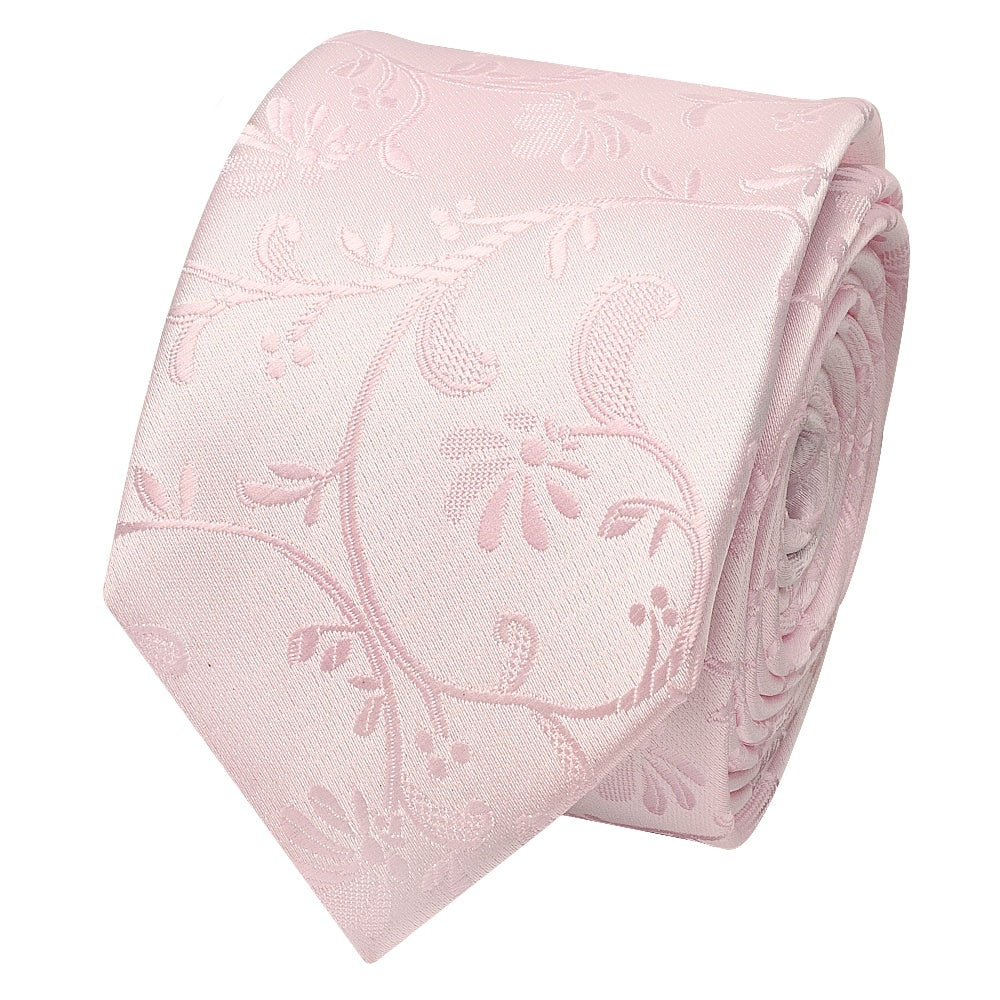 Blush Pink Floral Skinny Mens Tie And Pocket Square Set 3