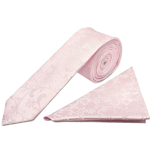 Blush Pink Floral Skinny Boys Tie And Pocket Square Set 1