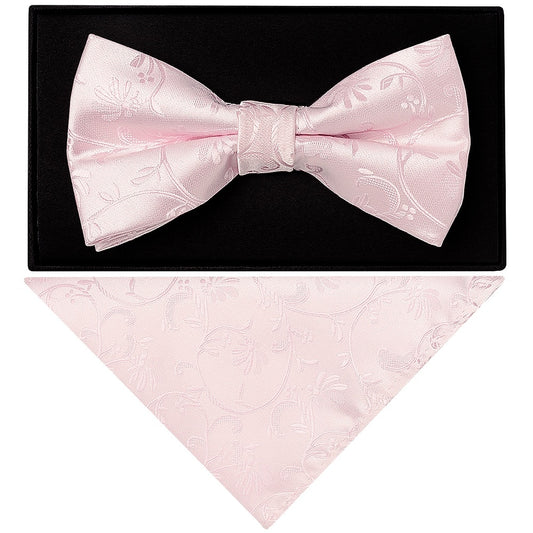 Blush Pink Floral Handmade Mens Bow Tie And Pocket Square Set 1