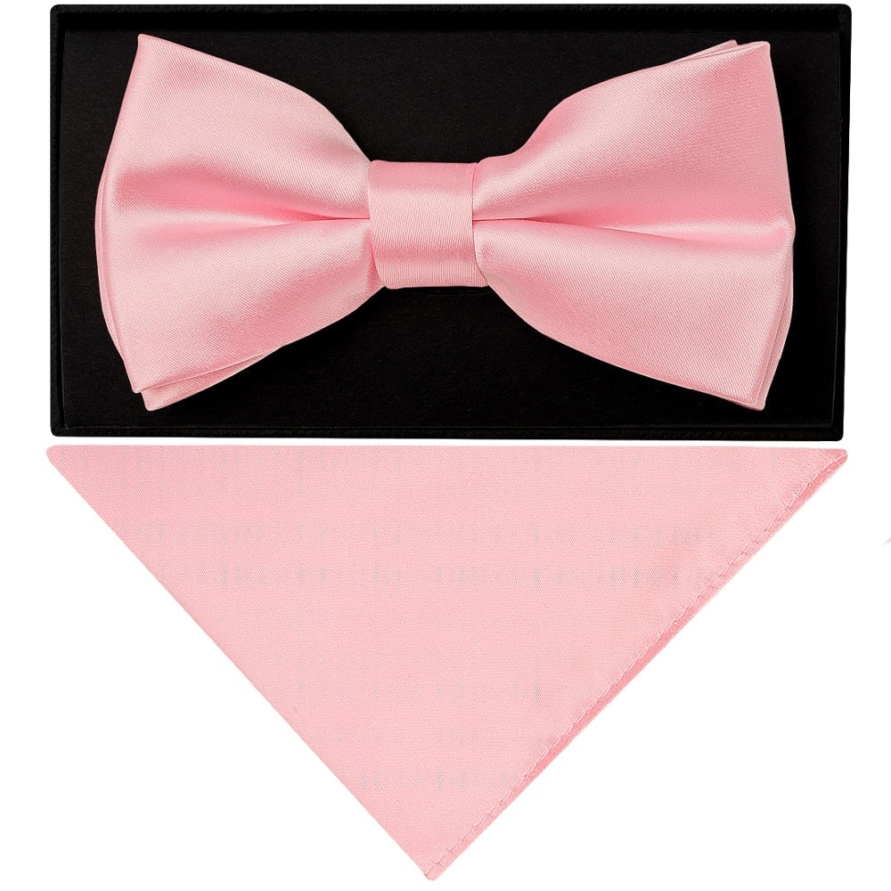 Plain Pink Hand Made Mens Bow Tie And Pocket Square Set 1