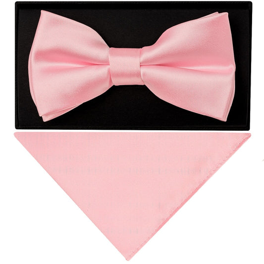Plain Pink Hand Made Mens Bow Tie And Pocket Square Set 1