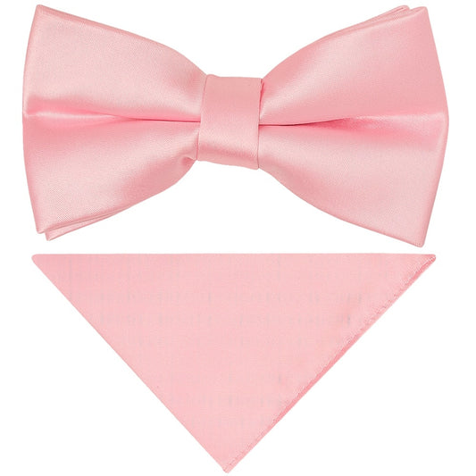 Pre Tied Pink Satin Boys Bow Tie and Pocket Square Set