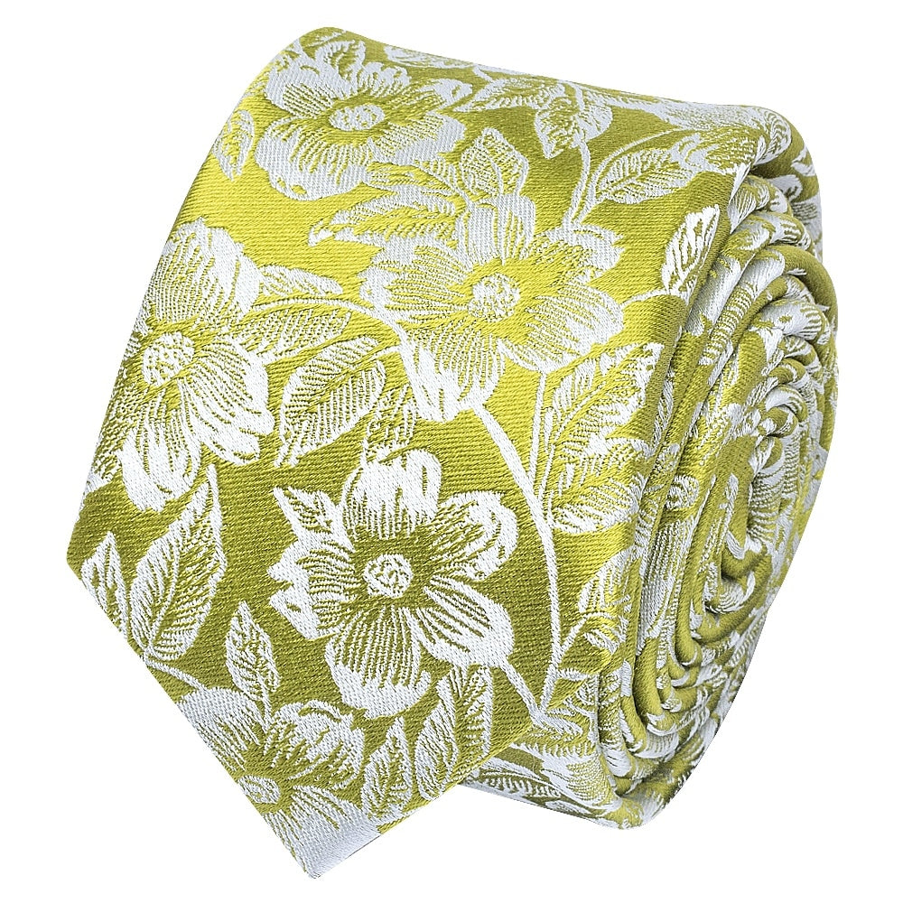 Mens Green Floral Silk Skinny Tie 2