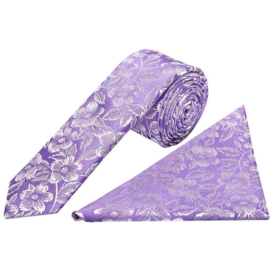 Mens Lavender Floral Silk Skinny Tie And Pocket Square 1