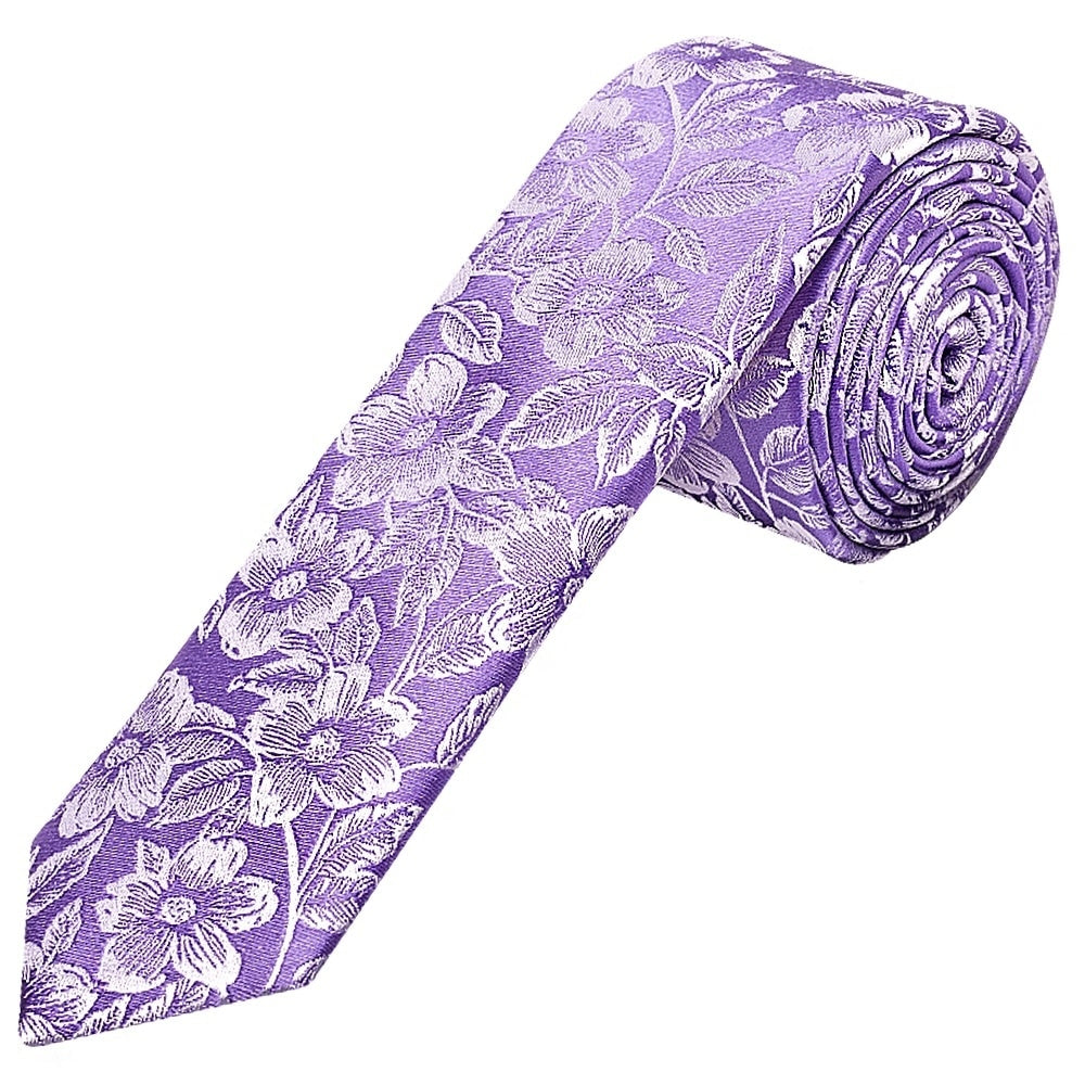 Mens Lavender Floral Silk Skinny Tie And Pocket Square 2