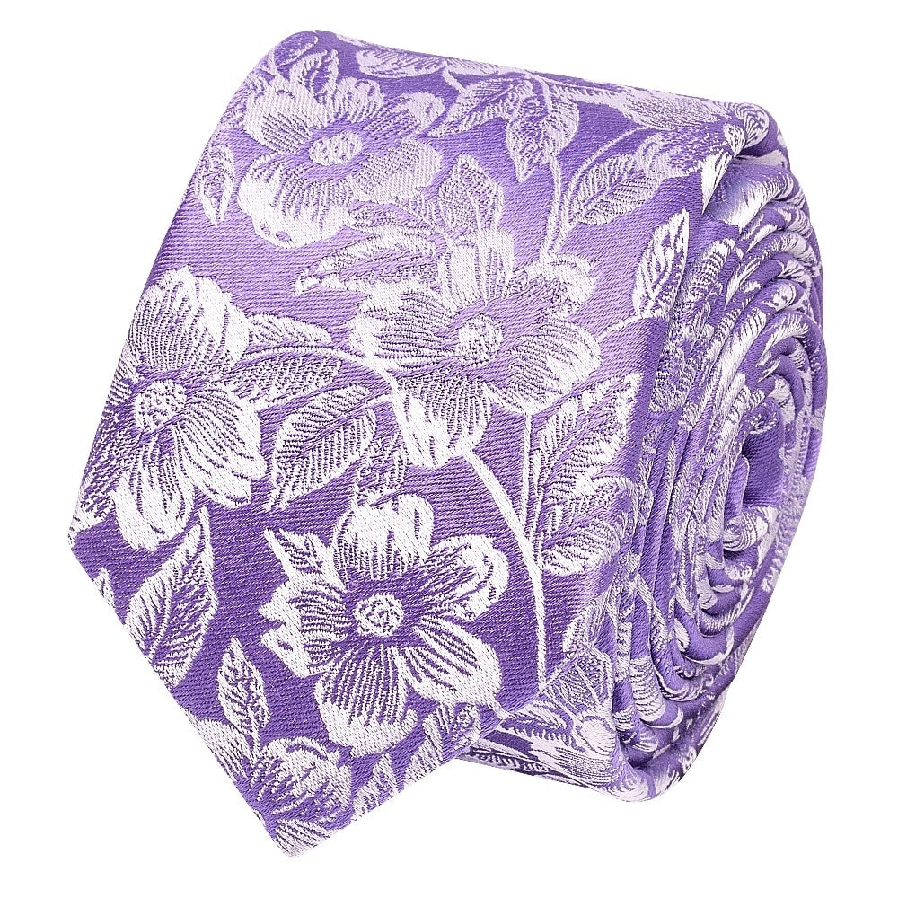 Mens Lavender Floral Silk Skinny Tie And Pocket Square 3