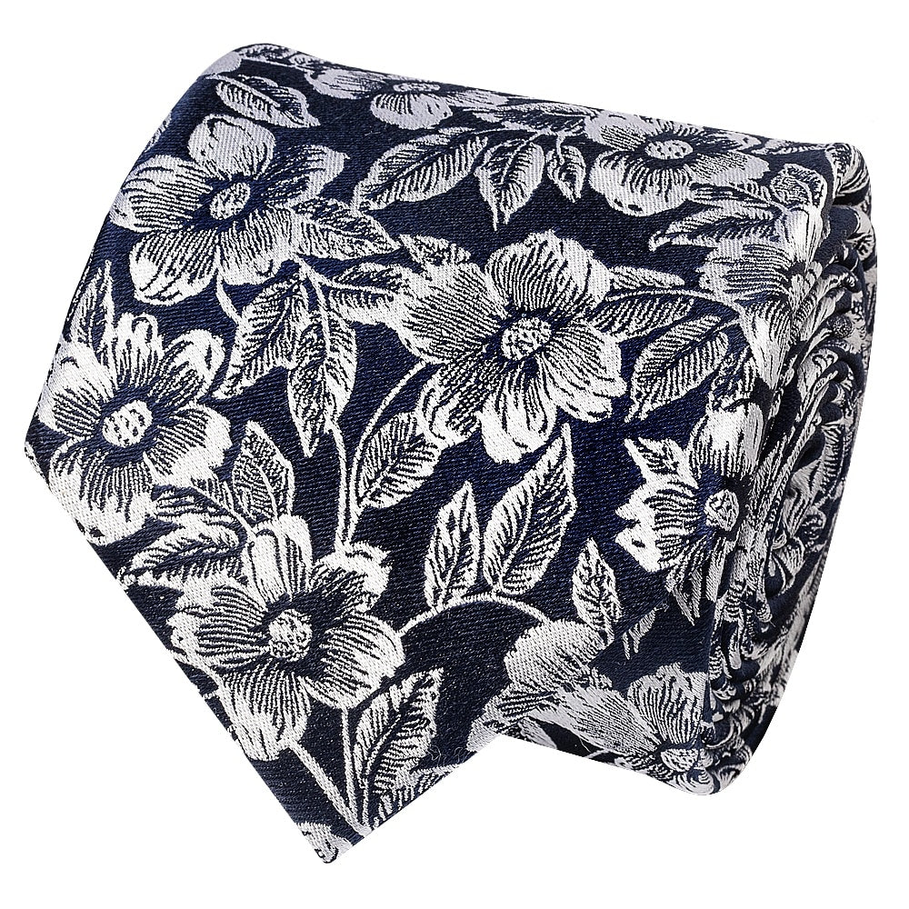 Mens Navy Floral Silk Classic Tie 2