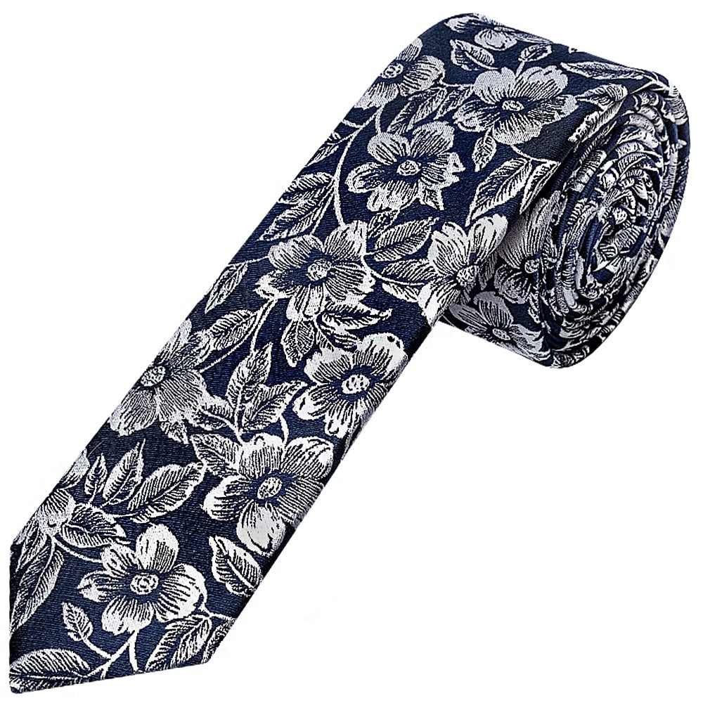 Mens Navy Floral Silk Skinny Tie 1