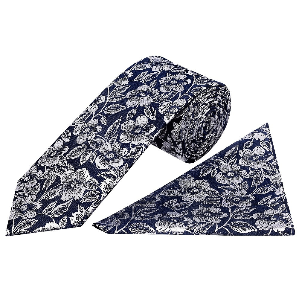 Mens Navy Floral Silk Classic Tie And Pocket Square 1
