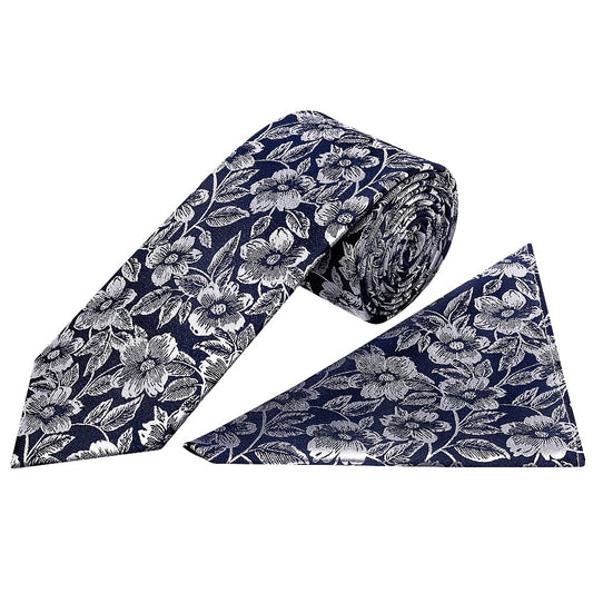 Mens Navy Floral Silk Classic Tie And Pocket Square 1