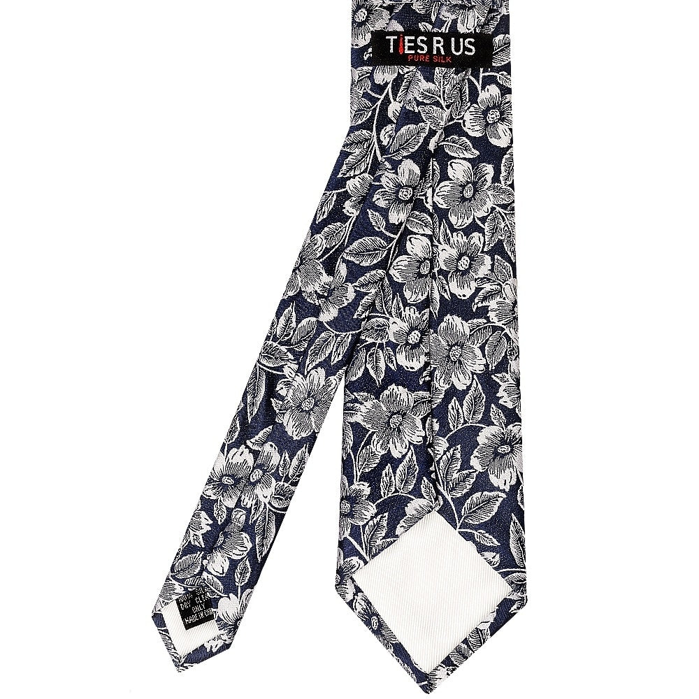 Mens Navy Floral Silk Classic Tie And Pocket Square 4