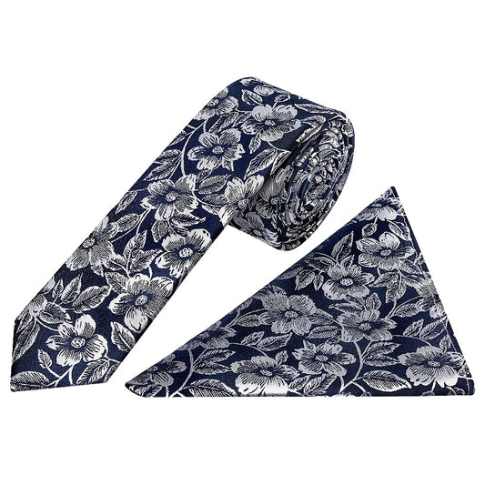 Mens Navy Floral Silk Skinny Tie And Pocket Square 1